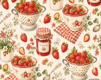 Peut inclure: Un motif répétitif composé de fraises rouges, de fleurs blanches et de feuilles vertes. Le design comprend des passoires blanches remplies de fraises, des pots étiquetés Strawberry Jam avec des couvercles à carreaux rouges et des cuillères argentées.