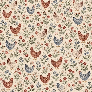 May include: A repeating pattern on a cream background featuring illustrations of chickens in shades of brown, white, and blue, interspersed with small clusters of red and blue flowers with green stems and leaves throughout the entire design.