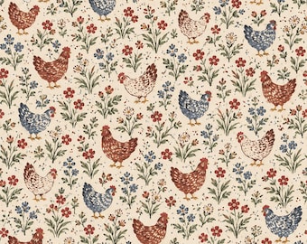 Op de afbeelding: Een herhalend patroon op een crèmekleurige achtergrond met illustraties van kippen in tinten bruin, wit en blauw, afgewisseld met kleine trossen rode en blauwe bloemen met groene stengels en bladeren door het hele ontwerp heen.