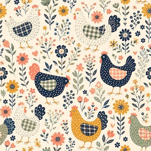 May include: A seamless pattern featuring chickens in white, dark blue, and yellow with plaid wing patches, interspersed with various stylised flowers in shades of coral, yellow, and dark blue on a light cream background.