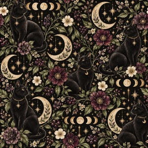May include: A repeating pattern featuring black cats wearing gold collars with star or crescent moon charms, set against a dark background with cream-coloured crescent moons, moon phases, gold stars, dark purple flowers, and green foliage.