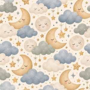 May include: A seamless pattern featuring a repeating celestial design on a cream background. The illustration includes smiling crescent moons, full moons with closed eyes, fluffy blue-grey clouds, and golden stars hanging from strings.