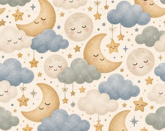 Peut inclure: Un motif répétitif représentant un ciel nocturne sur un fond crème. L'illustration comprend des croissants de lune souriants, des pleines lunes aux yeux fermés, des nuages bleu-gris duveteux et des étoiles dorées suspendues à des fils.