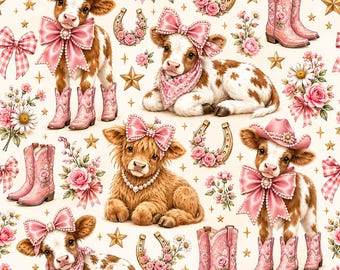 Peut inclure: Un motif répétitif représentant des veaux marron et blancs portant des chapeaux de cow-boy, des nœuds et des bandanas roses, accompagnés de bottes de cow-boy fleuries, de fers à cheval ornés de roses, d'étoiles dorées et de bouquets de fleurs.