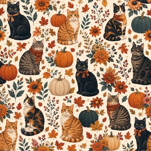 Pode incluir: Um padrão contínuo apresentando vários gatos, incluindo pretos, tigrados e tricolores, intercalados com abóboras laranja e verdes, folhas de bordo de outono e flores laranja sobre um fundo creme. Os gatos usam cachecóis ou laços.