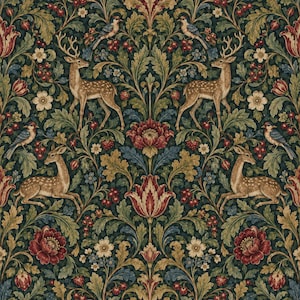 May include: A repeating textile pattern featuring brown deer, small birds, red flowers, and green foliage on a dark background. The design includes symmetrical arrangements of flora and fauna, with detailed illustrations of spotted deer and birds.