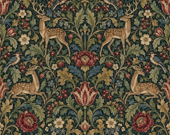 Peut inclure: Un motif textile répétitif représentant des cerfs bruns, de petits oiseaux, des fleurs rouges et un feuillage vert sur un fond sombre. Le design présente des arrangements symétriques de flore et de faune, avec des illustrations détaillées.