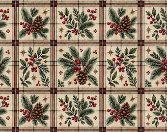 Peut inclure: Un motif de tissu présentant une grille répétitive de carrés beiges séparés par de fines lignes à carreaux rouges et vert foncé. Chaque carré contient des illustrations de branches de pin vertes, de pommes de pin brunes, de baies rouges et d'étoiles dorées.