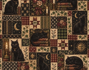 Moonlit Library Cats Cotton Fabric – Small Scale Black Cat Floral Quilting Fabric, Vintage Bookish Sewing Fabric by the Yard