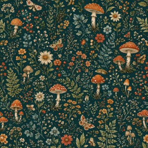 May include: A seamless pattern featuring a dark forest green background with a dense arrangement of orange-capped mushrooms, white daisies, small red berries, delicate green ferns, and various butterflies scattered throughout the botanical design.
