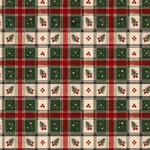 May include: A fabric pattern featuring a classic plaid design in shades of forest green, deep red, and cream. The grid is accented with small, repeating illustrations of pine sprigs with red berries and tiny white dots scattered across the surface.