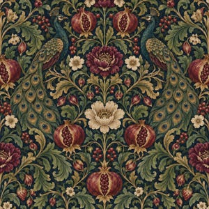 May include: A repeating wallpaper pattern featuring two symmetrical peacocks facing inward, surrounded by deep red pomegranates, dark burgundy peonies, cream-coloured blossoms, and intricate green foliage set against a dark navy blue background.