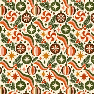 May include: A repeating pattern on a cream background featuring dark green and orange Christmas baubles, red and white peppermint sweets, green pine branches with red berries, and gold four-pointed stars arranged in a festive grid.
