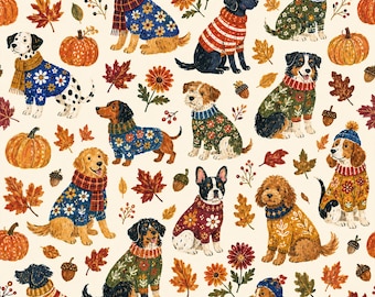 May include: A repeating pattern on a cream background featuring various dog breeds wearing colorful sweaters and scarves, interspersed with orange pumpkins, brown acorns, red and orange autumn leaves, and dark red flowers.