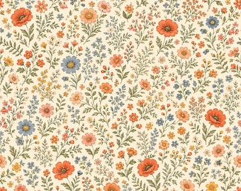Peut inclure: Un motif répétitif composé d'une variété de petites fleurs sauvages dans des tons orange, rouge et bleu, entremêlées de feuillage vert sur un fond crème. L'illustration présente des éléments botaniques détaillés et des tiges délicates.