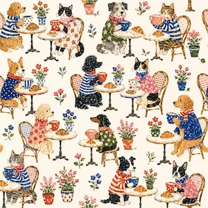 May include: A repeating pattern on a cream background featuring various dogs and cats sitting at small round cafe tables. The animals wear sweaters and scarves, drinking from mugs and eating croissants, surrounded by small potted flower plants.