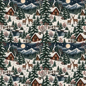 Può includere: Un motivo ripetitivo che raffigura un paesaggio invernale con baite innevate, alberi sempreverdi e montagne sotto un cielo notturno con luna piena. La scena include cervi, piccoli ponti di legno su acqua scura e cespugli di bacche rosse.