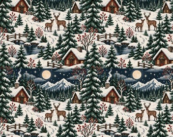 Peut inclure: Un motif répétitif représentant un paysage hivernal avec des chalets enneigés, des conifères et des montagnes sous un ciel nocturne avec une pleine lune. La scène inclut des cerfs, des petits ponts en bois sur l'eau et des buissons de baies rouges.