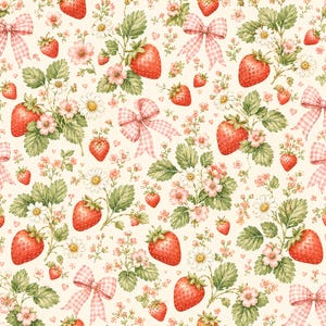 May include: A repeating pattern on a cream background featuring red strawberries, green leaves, white daisy-like flowers, and pink gingham bows. The design includes various sizes of strawberries and floral clusters arranged across the surface.