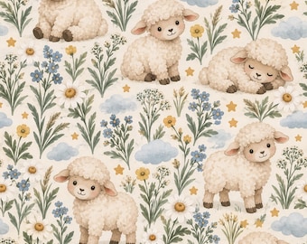 Op de afbeelding: Een naadloos patroon met crèmekleurige lammetjes in verschillende houdingen, waaronder zittend, staand en slapend. Het ontwerp is afgewisseld met blauwe wolken, gele sterren en botanische elementen zoals witte madeliefjes en kleine blauwe bloemen.