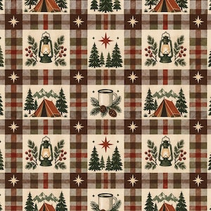 May include: A fabric pattern featuring a repeating grid of plaid squares in brown, green, and red. The alternating squares display illustrations of camping tents, lit lanterns with pine branches, evergreen trees with stars, and coffee mugs.