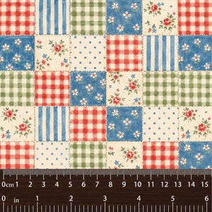 Puede incluir: Un patrón de tela con una cuadrícula de cuadrados con estampados de cuadros rojos, rayas azules, cuadros verdes, flores azules y flores crema. Una regla en la parte inferior muestra una escala de 15 cm, cada cuadrado mide 3,8 cm.