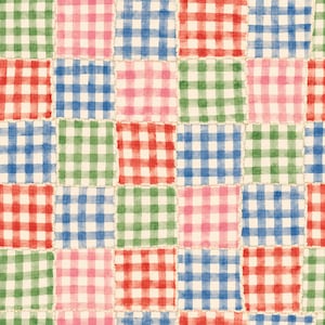 May include: A patchwork fabric pattern featuring a grid of squares with a watercolor-style gingham check design. The squares alternate in colors of red, blue, green, and pink, separated by thin, light-colored lines that create a quilted appearance.