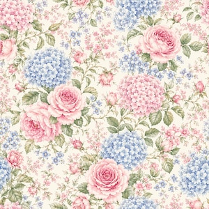 May include: A repeating pattern on a cream background featuring clusters of pink roses, light blue hydrangeas, and small blue forget-me-not flowers. The design includes green leaves and stems connecting the floral elements in a dense arrangement.