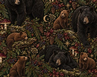 Midnight Forest Bears Cotton Fabric, Small Woodland Animal Quilting Fabric, 100% Cotton Sewing Fabric for Quilts & Crafts