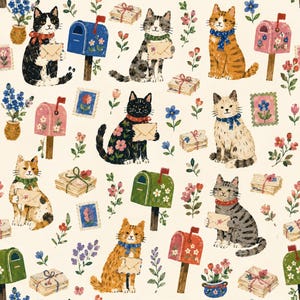 Könnte beinhalten: Ein sich wiederholendes Muster auf cremefarbenem Hintergrund mit verschiedenen Katzen, die Umschläge halten, bunten Briefkästen, mit Schnur gebundenen Briefstapeln, Briefmarken mit Blumenmotiven und kleinen Blumen in blauen und braunen Töpfen.