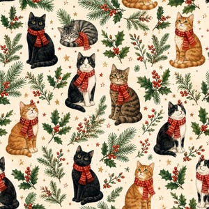May include: A repeating pattern on a cream background featuring various cats wearing red knit scarves, interspersed with green pine branches, red holly berries, and small gold stars. The cats are depicted in black, tabby, and orange fur.