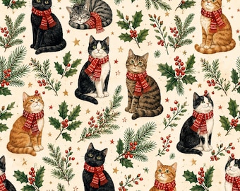 Peut inclure: Un motif répétitif sur fond crème représentant divers chats portant des écharpes en tricot rouge, entremêlés de branches de pin vertes, de baies de houx rouges et de petites étoiles dorées. Les chats ont des pelages noirs, tigrés et roux.