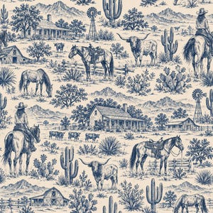 Desert Ranch Toile Cotton Fabric, Western Cowboy Quilting Print (100% Cotton)