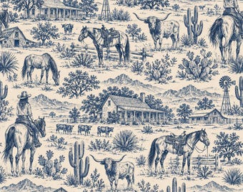 Peut inclure: Un motif de tissu présentant une illustration répétitive de style toile en encre bleu foncé sur fond crème. Le design représente un paysage désertique avec des cow-boys à cheval, des bovins longhorn, des fermes rustiques, des granges et des cactus.