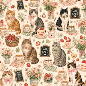 Puede incluir: Un patrón repetitivo con varios gatos con lazos, tazas de té florales, pasteles de fresa, cestas de fresas y letreros etiquetados como Cat Café y Menu. El diseño incluye ramos de flores rosas sobre un fondo de color crema.