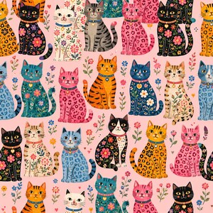 May include: A repeating pattern on a light pink background featuring various cats in different colours and styles, including floral, leopard print, and striped designs. Each cat wears a collar with a small heart-shaped charm, surrounded by small flowers.