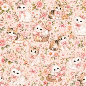 May include: A repeating pattern on a light pink background featuring illustrations of kittens wearing floral crowns and bows. Some kittens are sitting, while others are nestled inside woven baskets surrounded by pink and white flowers.