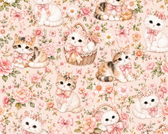 Peut inclure: Un motif répétitif sur fond rose clair représentant des illustrations de chatons portant des couronnes de fleurs et des nœuds. Certains chatons sont assis, tandis que d'autres sont nichés dans des paniers en osier parmi des fleurs.