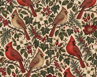 Peut inclure: Un motif répétitif sur fond crème représentant des cardinaux rouges vifs et des femelles brun terne perchés parmi un feuillage vert, des fleurs de cornouiller blanches, des baies rouges et des fleurs rouge foncé.