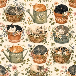 Garden Nap Kitties bomullstyg – Blommig kattquiltning Sömnadslängd
