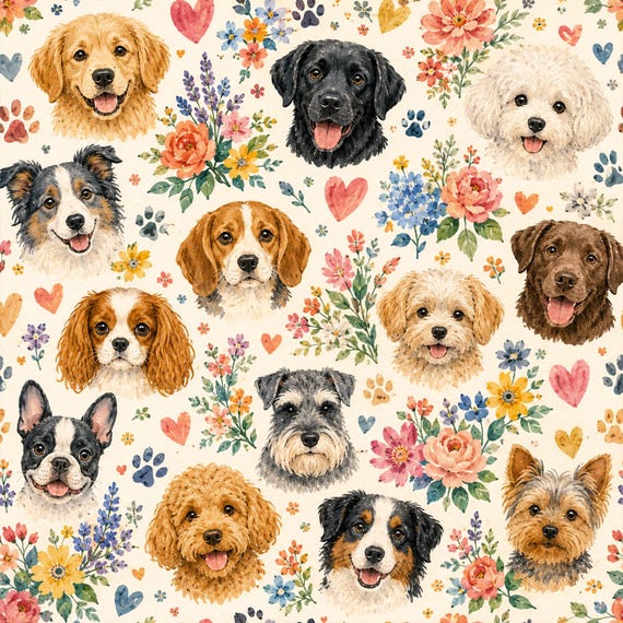 Puppy Garden Friends Cotton Fabric, Watercolor Floral Dog Print, Quilting Sewing Material
