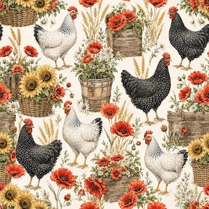 May include: A repeating pattern featuring black and white chickens, sunflowers, red poppies, and daisies. Wooden crates labeled Farmer's Market Fresh Flowers and woven baskets are interspersed among the floral arrangements and wheat stalks.