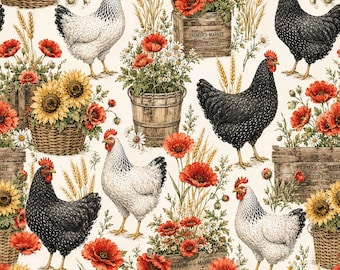 Peut inclure: Un motif répétitif représentant des poules noires et blanches, des tournesols, des coquelicots rouges et des marguerites. Des caisses en bois marquées Farmer's Market Fresh Flowers et des paniers tressés sont mêlés aux fleurs et au blé.