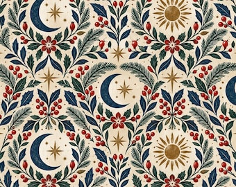 Peut inclure: Un motif répétitif sur fond crème présentant des croissants de lune bleu foncé et des soleils dorés entourés de branches de pin vertes, de baies de houx rouges et de petites étoiles dorées. Les éléments sont disposés en grille symétrique.