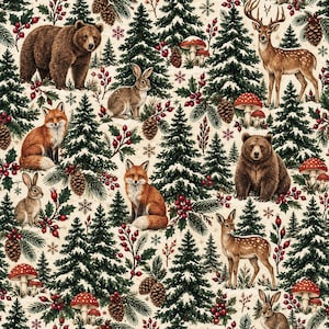 Peut inclure: Un motif de tissu représentant une scène de forêt hivernale répétitive avec des ours bruns, des renards roux, des cerfs et des lapins. Le design inclut des sapins, des baies rouges, des pommes de pin, des champignons et des flocons sur fond crème.