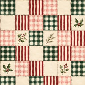 Peut inclure: Un motif de tissu patchwork composé d'une grille de carrés aux motifs alternés, incluant du vichy vert foncé, des rayures verticales rouges et blanches, du vichy rose clair et des carrés crème unis ornés de motifs de houx et de pin.