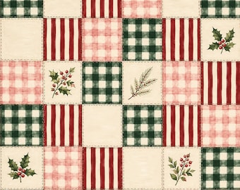 May include: A patchwork fabric design featuring a grid of squares with alternating patterns including dark green gingham, red and white vertical stripes, light pink gingham, and solid cream squares decorated with holly and pine branch motifs.
