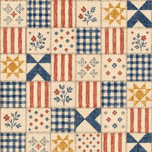 Puede incluir: Un patrón de tela que presenta una cuadrícula de parches cuadrados al estilo patchwork. Los cuadrados muestran diseños alternos que incluyen rayas verticales rojas y blancas, cuadros vichy azules y blancos, estrellas amarillas y motivos florales sobre crema.