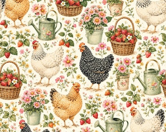 Op de afbeelding: Een herhalend patroon op een crèmekleurige achtergrond met kippen in zwart, wit en bruin, gevlochten rieten manden gevuld met rode aardbeien, groene metalen gieters en roze bloemen in potten met groene bladeren en stengels.