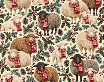 Peut inclure: Un motif répétitif représentant des moutons blancs et bruns portant des écharpes rouges et blanches à motifs, entremêlés de branches de pin vertes, de baies de houx rouges, de pommes de pin brunes et de petites étoiles dorées sur fond crème.